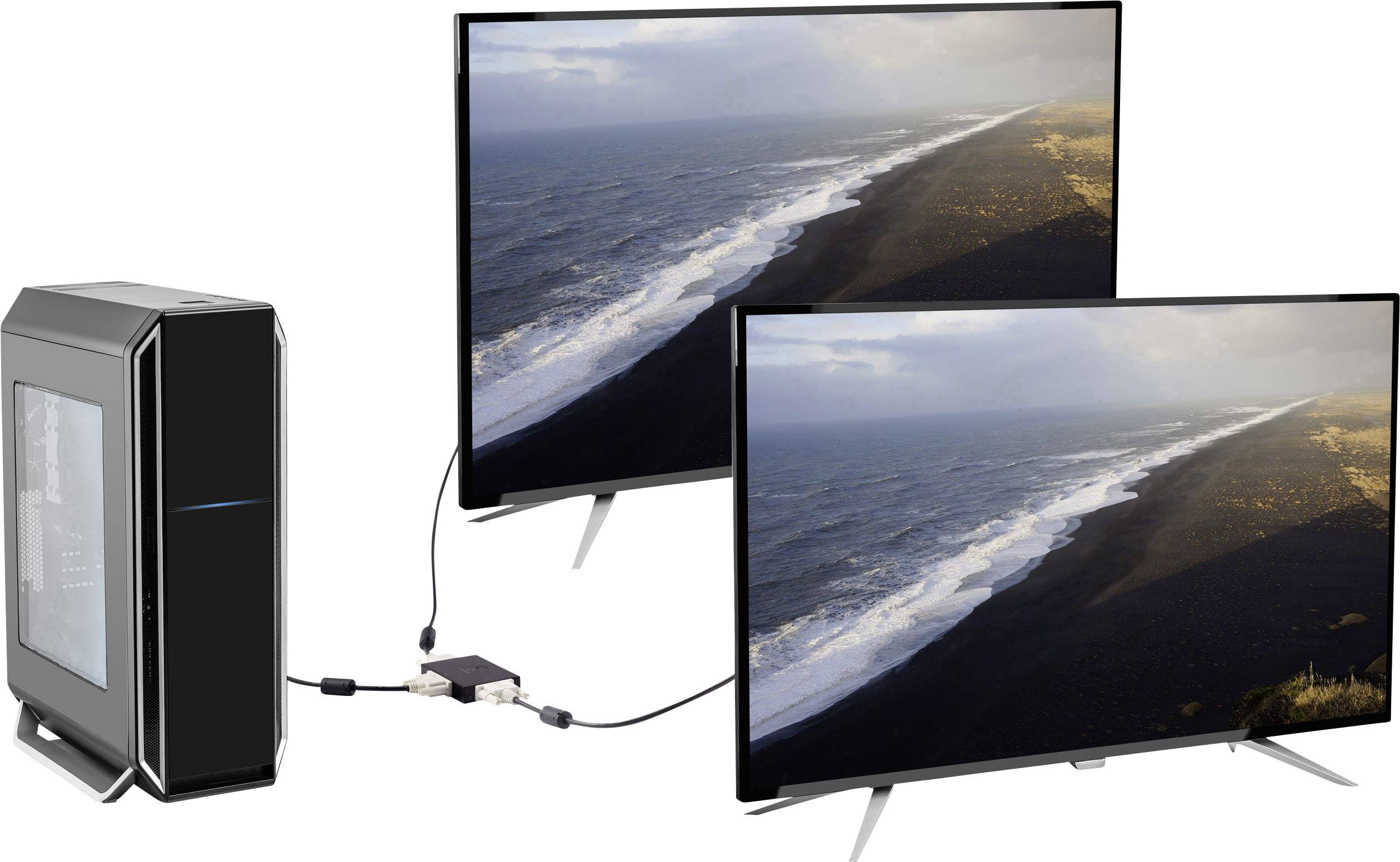 Ein Computer ist mit zwei Monitoren verbunden, die beide ein Bild einer Küstenlandschaft mit Strand und Meer zeigen.