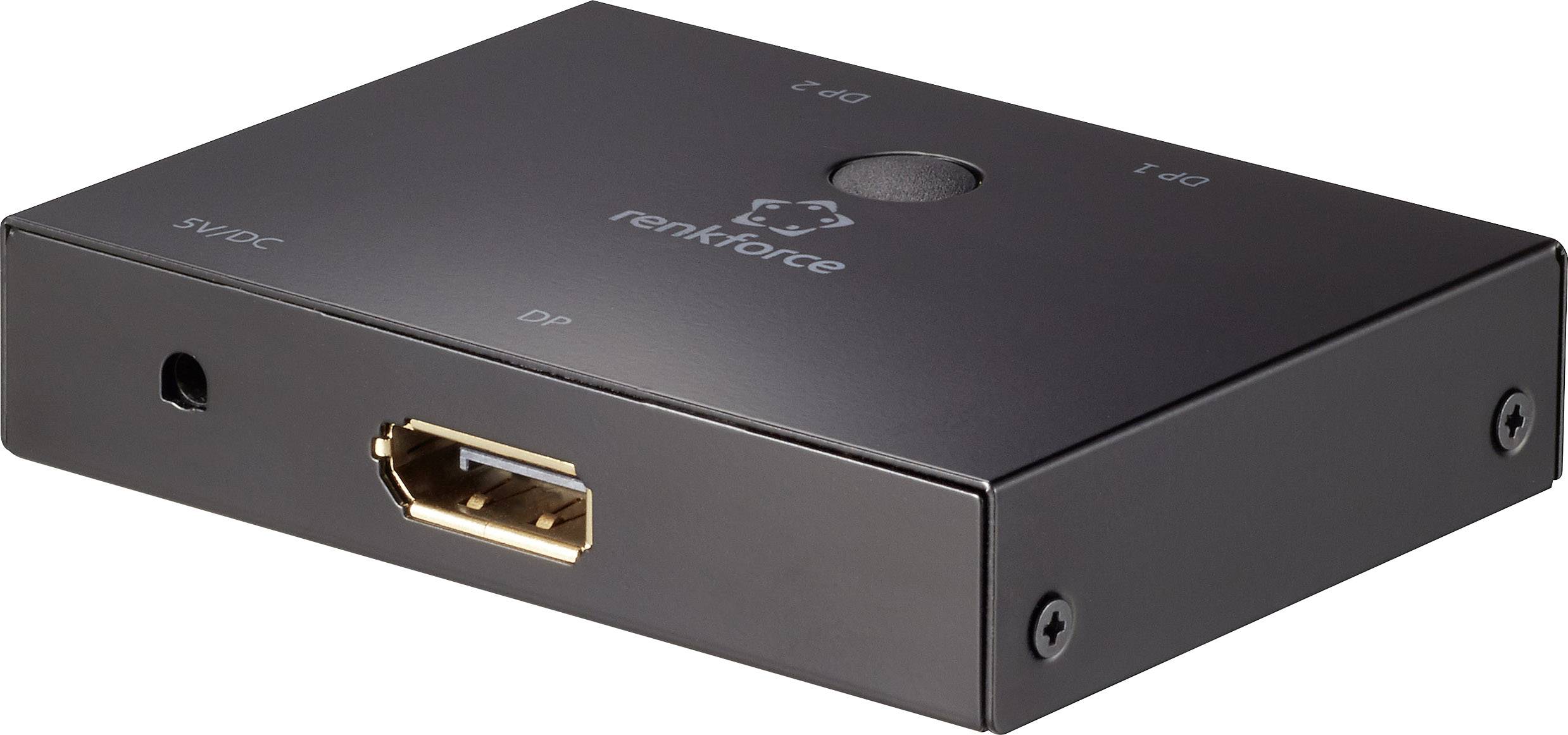 Schwarzer HDMI-Splitter von Renkforce mit Anschlüssen für HDMI und SVDC. Geeignet zum Verteilen eines HDMI-Signals auf mehrere Geräte.