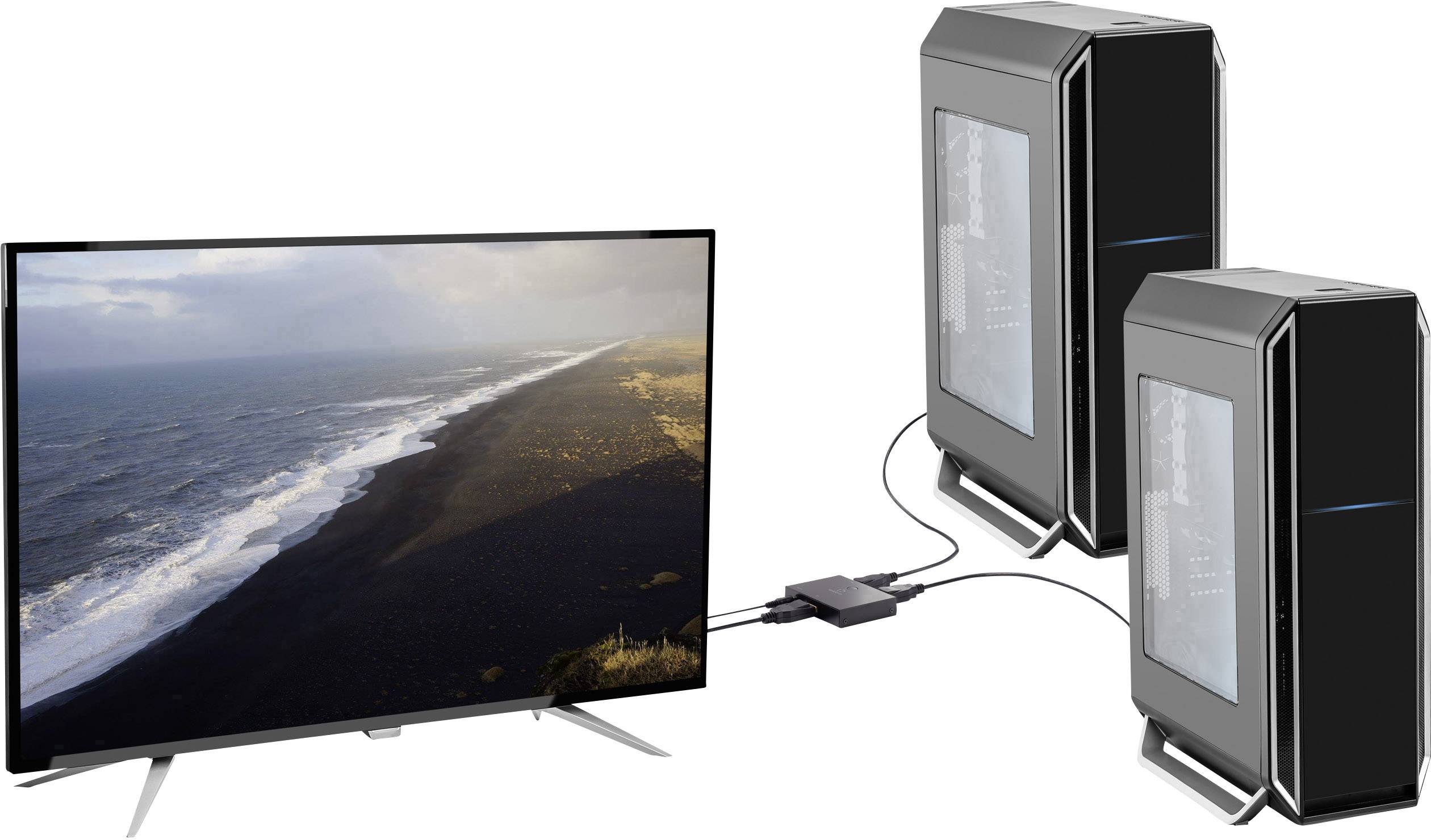 Ein Fernseher zeigt eine Küstenlandschaft. Zwei Computer sind durch Kabel mit einem Adapter verbunden, der ebenfalls an den Fernseher angeschlossen ist.