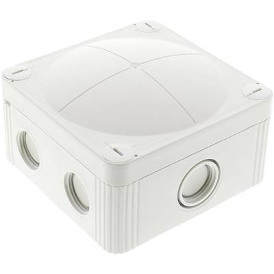 Ein weißer, quadratischer Abzweigkasten mit mehreren Kabelöffnungen an den Seiten. Er wird zur elektrischen Verkabelung verwendet.