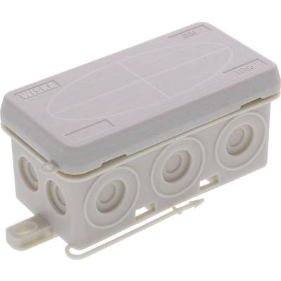 Eine beige Kunststoffbox mit Aufschrift 'Wiska'. Sie hat runde Ausstanzungen an den Seiten und eine abnehmbare Abdeckung, IP55 klassifiziert.