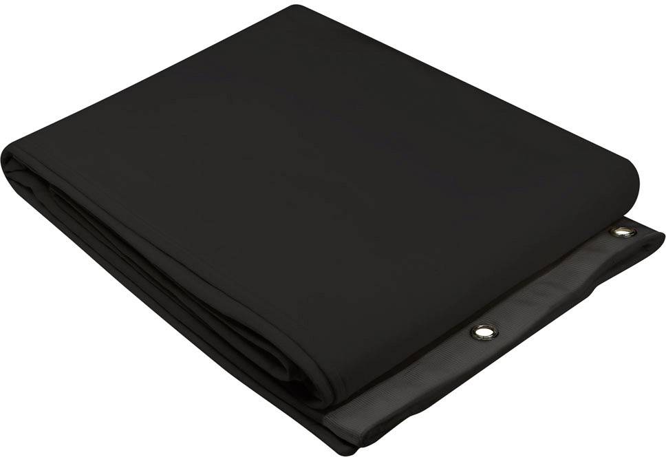 Schwarze Plane, sauber gefaltet, mit Ösen an den Rändern. Geeignet für Abdeckungen oder Schutz vor Witterungseinflüssen.