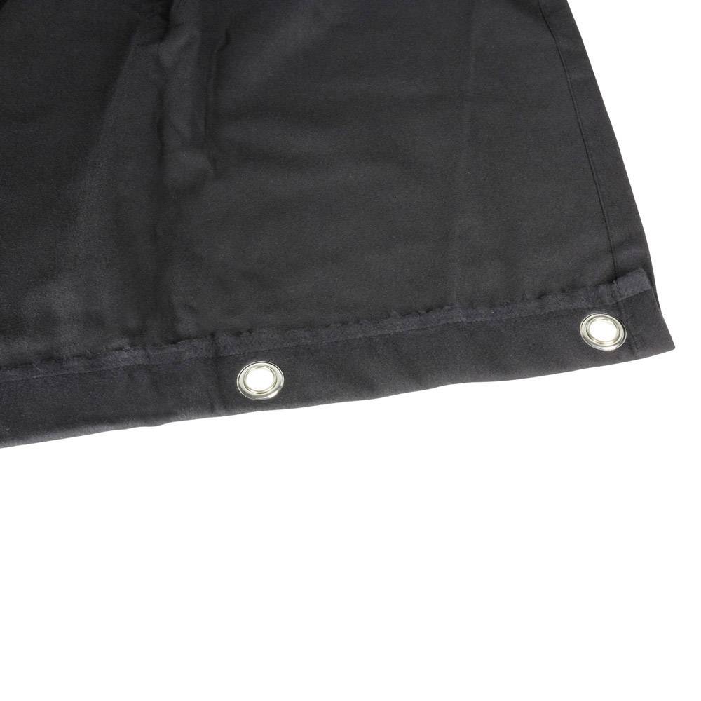 Schwarzer Stoff mit Metallösen am Rand, möglicherweise Teil eines Vorhangs oder Abdecktuchs.