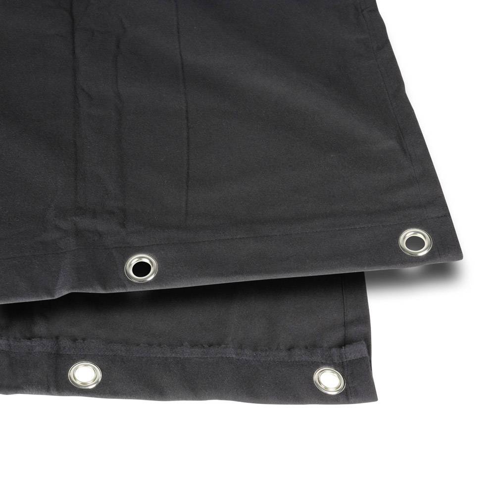 Zwei schwarze Stoffbahnen mit Metallösen an den Kanten, liegen übereinander auf einer weißen Fläche.