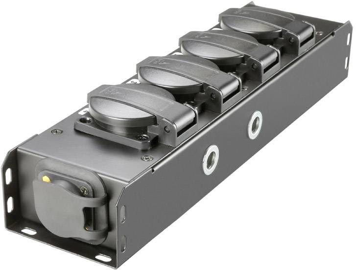 Ein schwarzes elektrisches Steckdosenpanel mit vier abgedeckten Steckplätzen, geeignet für industrielle Anwendungen.