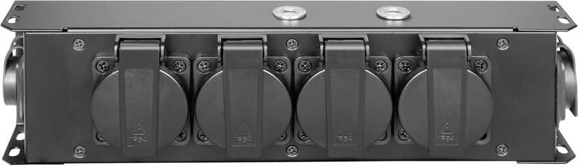 Ein schwarzes Mehrfachsteckdosen-Modul mit vier Schutzkontaktsteckdosen, montiert auf einer Halterung zur Verwendung in Racks.