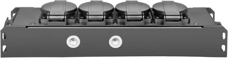 Ein schwarzes elektrisches Steckdosenmodul mit vier abgedeckten Steckdosen, montiert auf einer Metallplatte. Ideal für industrielle Anwendungen.