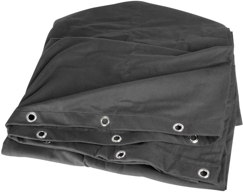 Ein gefaltetes schwarzes Tarp mit verstärkten Ösen, geeignet zum Abdecken oder Schützen von Objekten.