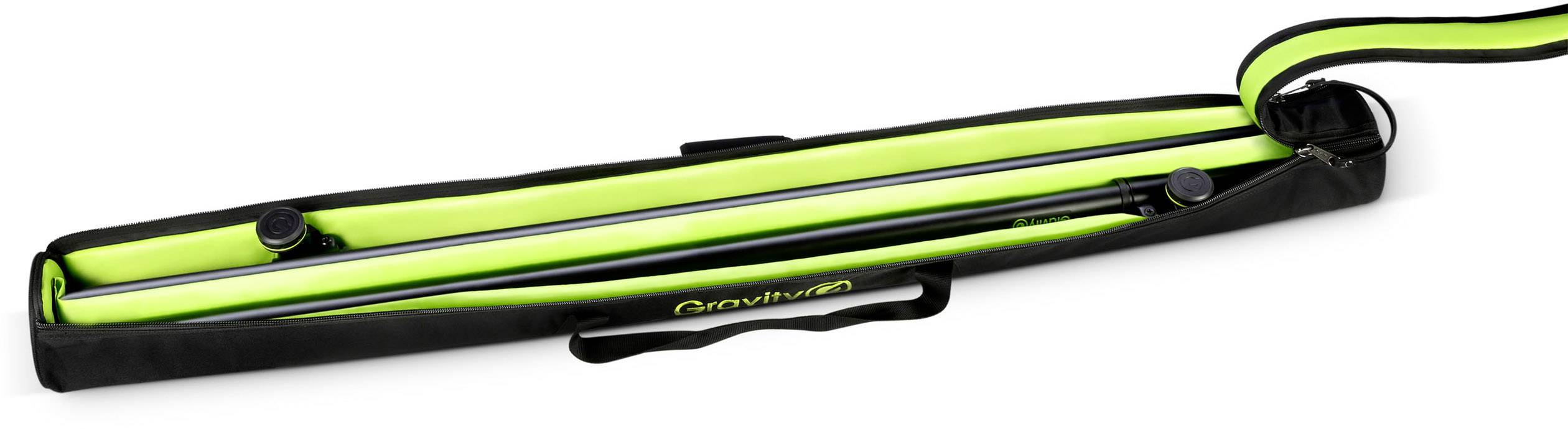 Schwarze Tragetasche mit neon-gelbem Innenfutter, enthält einen zusammengeklappten Ständer oder Stativ, geeignet für Transport.