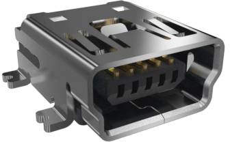 Ein USB-Stecker mit mehreren Metallkontakten, einem rechteckigen Gehäuse und Halterungen zur Befestigung an einer Leiterplatte.