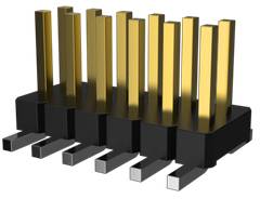 Ein schwarzer, rechteckiger Kunststoffsockel mit acht goldfarbenen Stiften in zwei Reihen, oft verwendbar in elektronischen Bauteilen.
