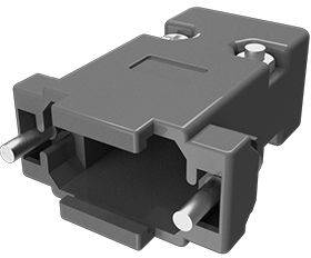 Ein grauer, rechteckiger Kunststoffstecker mit zwei Metallstiften, möglicherweise ein elektrisches Bauteil oder Adapter.