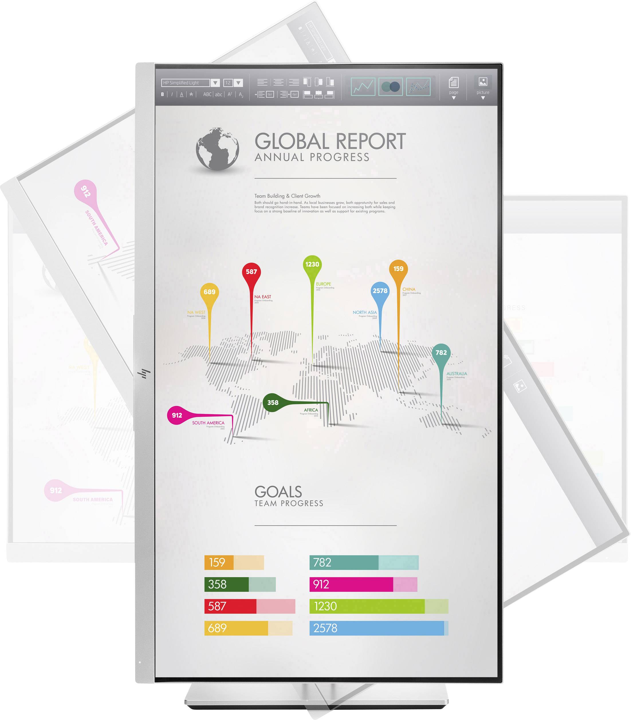 Infografik eines globalen Berichts mit Weltkarte, farbigen Markierungen für Fortschritte verschiedener Länder und Balkendiagramm für Teamziele.