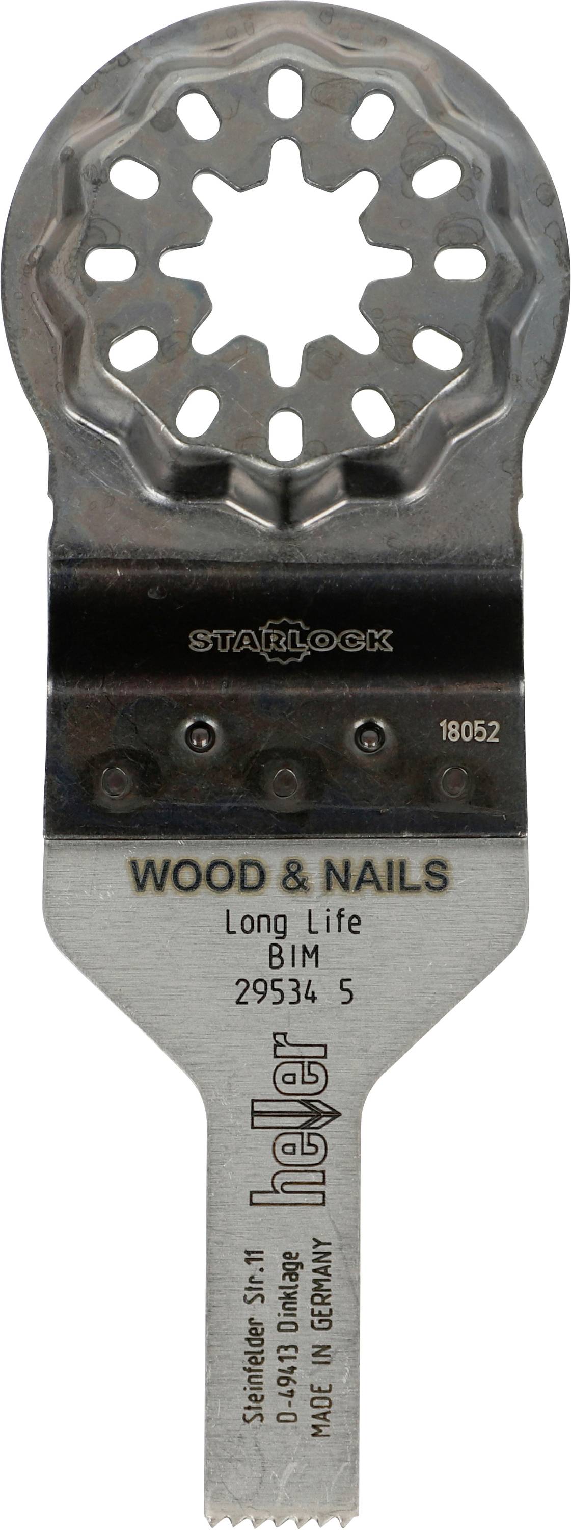 Starlock-Oszillierblatt für Holz und Nägel, mit der Bezeichnung „Long Life" und „BIM", mit Hartmetall-Zahnkante zum Schneiden von Metall.