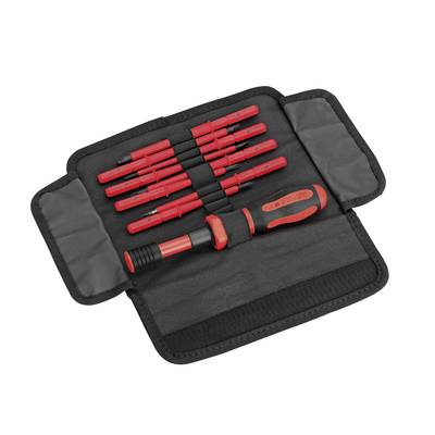 Ein Set von isolierten Schraubenziehern in einer schwarzen Werkzeugtasche. Enthält acht Klingenaufsätze und einen Schraubgriff.