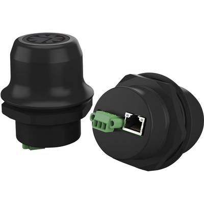 Zwei schwarze Technikkomponenten. Eine zeigt eine geschlossene Ansicht, die andere eine Rückseite mit Ethernet- und grünen Anschlussbuchsen.