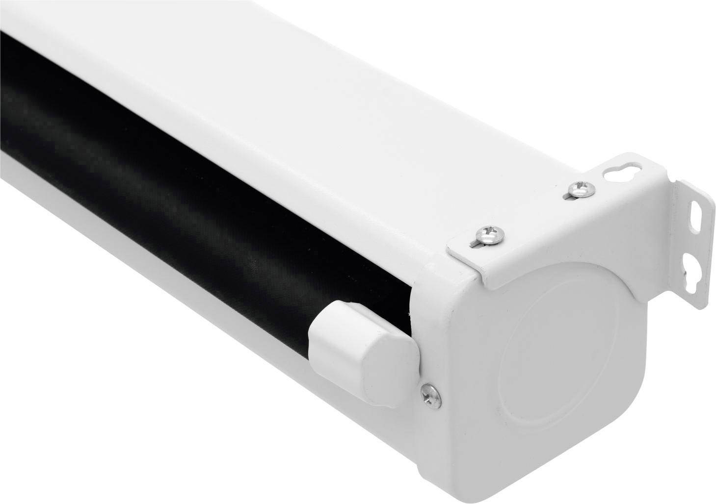 Projektorleinwand mit weißem Rahmen und schwarzem Stoff, seitliche Befestigungselemente sichtbar.
