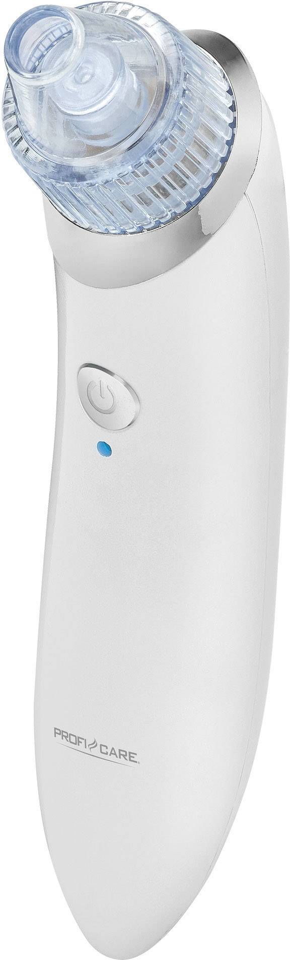Ein weißes elektrisches Hautpflegegerät mit Saugaufsatz und Netzschalter, verwendet für Gesichtsreinigung und Mitesserentfernung.