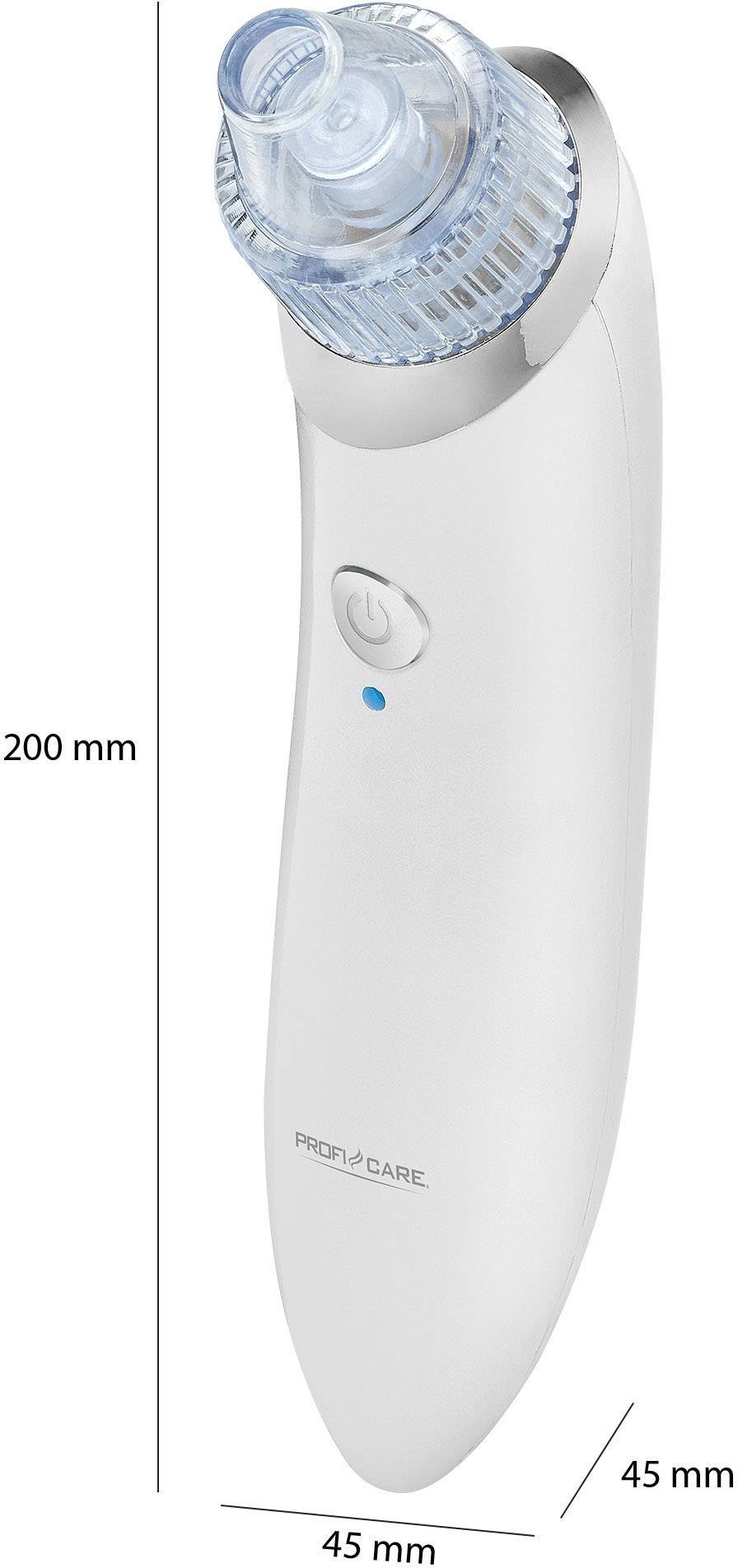 Ein weißes elektrisches Hautpflegegerät mit blauer Absaugdüse, etwa 200 mm lang und 45 mm breit, mit Ein-/Aus-Schalter.