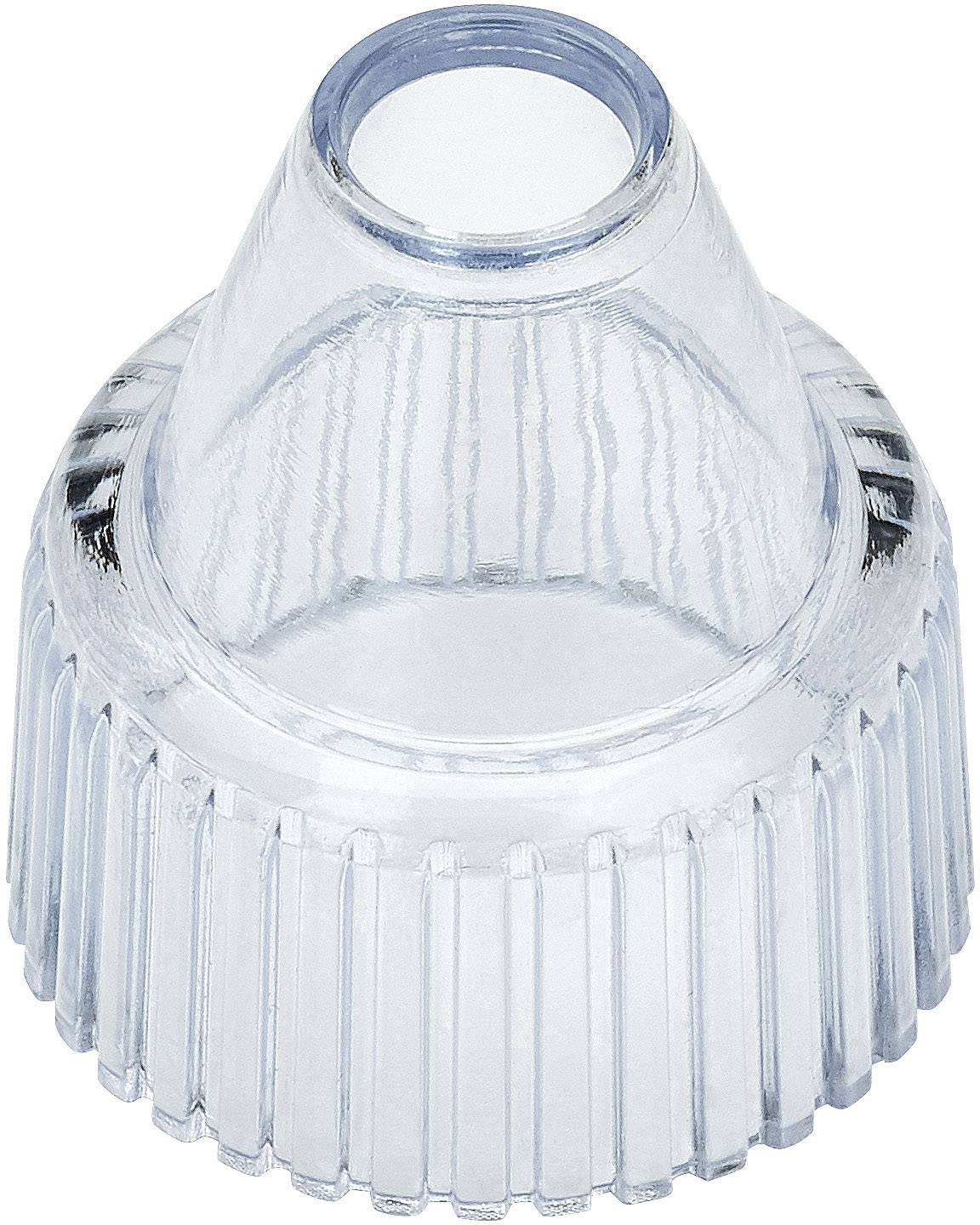 Transparente, geriffelte Plastikdüse, konisch geformt, für eine Flasche, vor einem weißen Hintergrund.