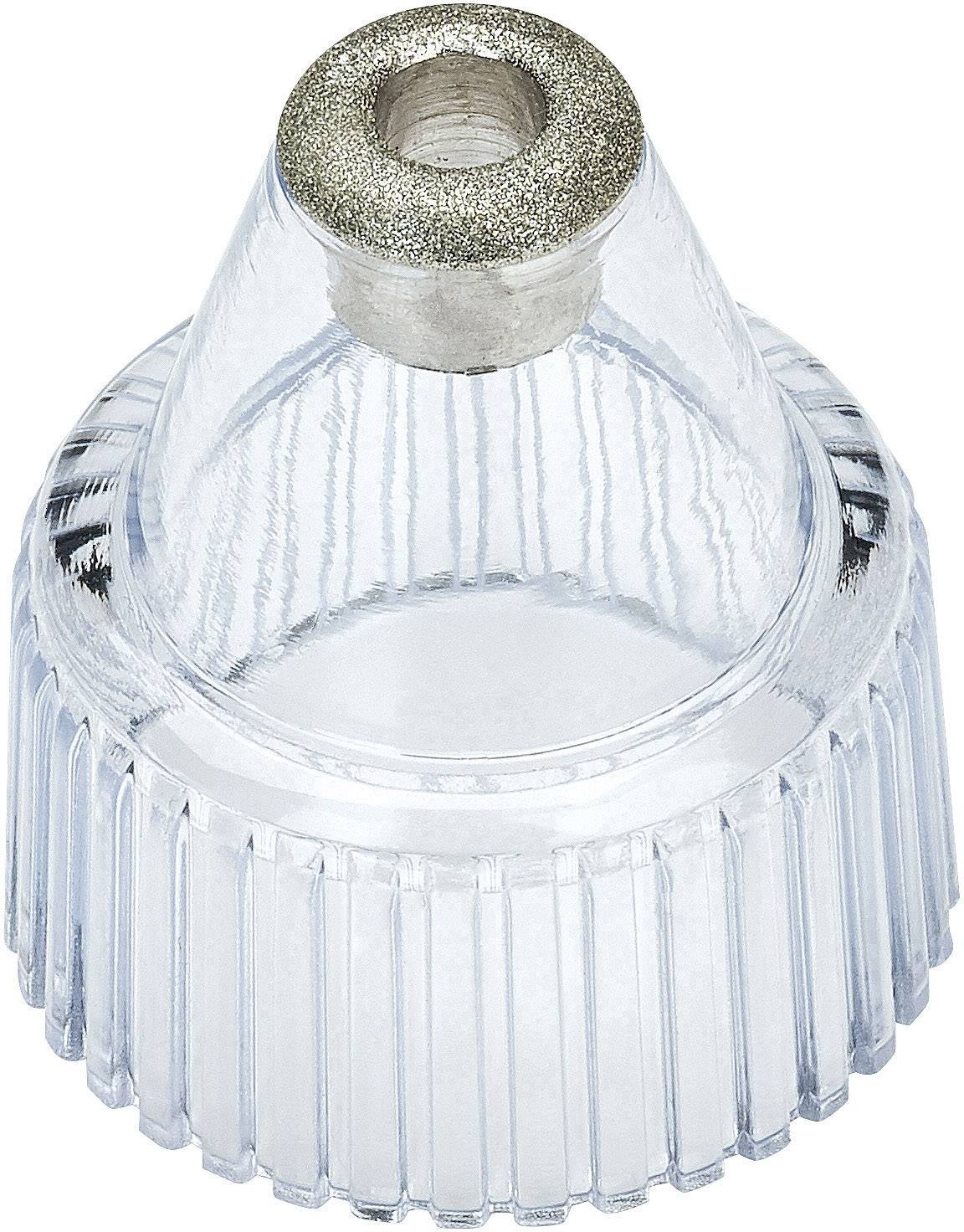 Klarglaskerze mit runder Form und geriffelter Oberfläche; oberer Teil mit schmaler, kreisförmiger Öffnung.