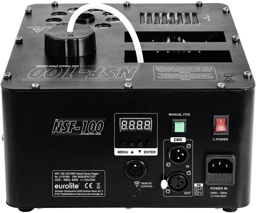 Nebelmachergerät mit digitalem Display, mehreren Anschlüssen, Netzschalter und einem Flüssigkeitsschlauch auf der Oberseite.