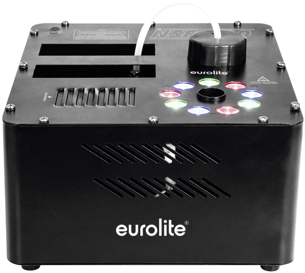 Eine schwarze Nebelmaschine von Eurolite mit mehreren farbigen Knöpfen auf der Oberseite, verwendet zur Erzeugung von Spezialeffekten.