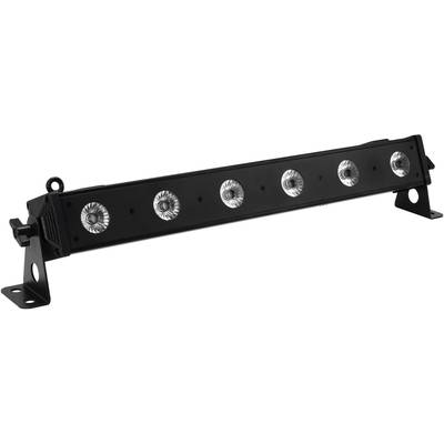 Eine schwarze LED-Lichtleiste mit sechs kreisförmigen Leuchten, montiert auf einem stabilen, verstellbaren Metallrahmen.