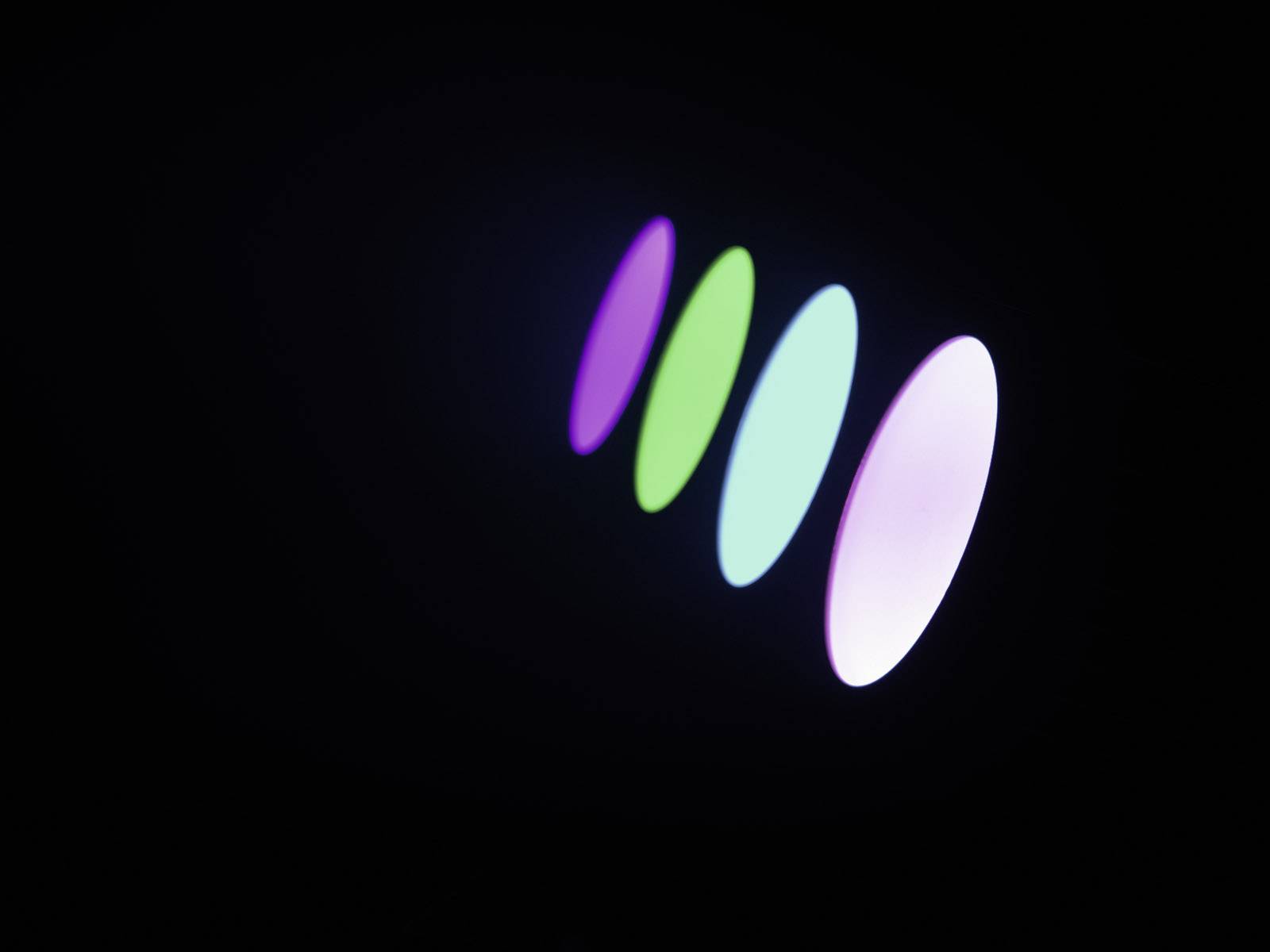 Fünf ovale, bunte Lichtobjekte schweben diagonal auf schwarzem Hintergrund. Die Farben sind lila, grün, blau und rosa.