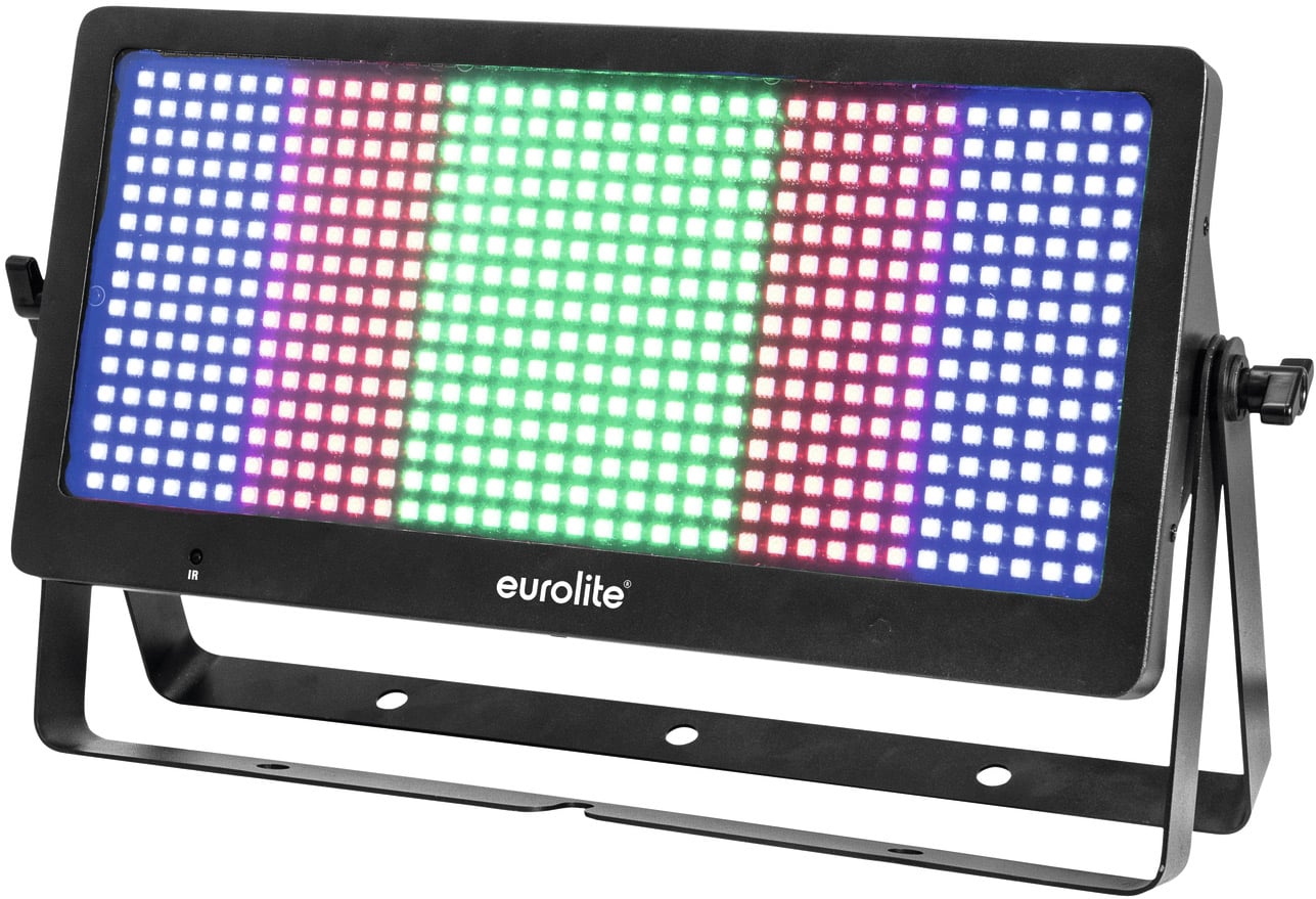 LED-Fluter mit schwarzem Rahmen und buntem Lichtmuster in Rot, Grün und Blau, auf einem verstellbaren Standfuß montiert.