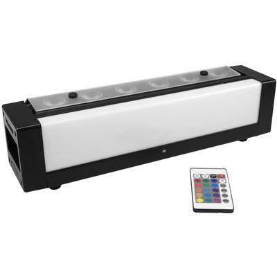 Ein rechteckiger Bluetooth-Lautsprecher mit schwarzer und weißer Oberfläche, daneben eine Fernbedienung mit bunten Tasten.