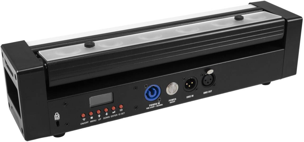 Ein schwarzes elektronisches Gerät mit mehreren Anschlussmöglichkeiten auf der Vorderseite, darunter Knöpfe und Buchsen.