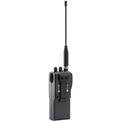 Ein schwarzes Funkgerät mit langer Antenne, seitlicher Cliphalterung und mehreren Steuertasten an der Oberseite.