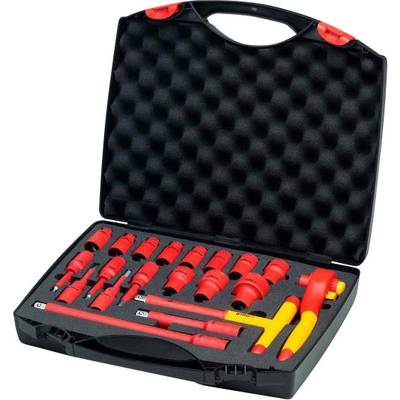 Ein offener Werkzeugkoffer mit isolierten Werkzeugen, darunter Schraubendreher, Steckschlüsselaufsätze und ein Hammer, alles in rotem Kunststoff organisiert.