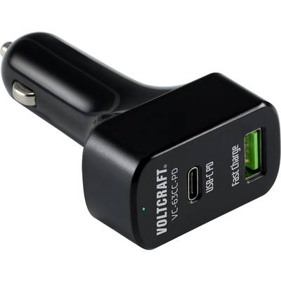 Schwarzes Auto-Ladegerät mit zwei Anschlüssen: USB-C PD und USB-A Quick Charge. Marke: Voltcraft. Für schnelles Laden im Auto.