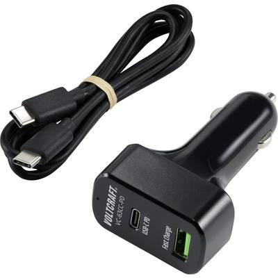 Schwarz glänzendes Autoladegerät mit zwei Anschlüssen (USB-C, USB-A) und einem USB-C-Kabel daneben, zur mobilen Geräteaufladung.