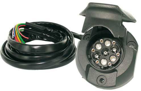 '7-poliger Anhängerstecker' aus schwarzem Kunststoff mit offenem Deckel und farbkodierten Kabeln, geeignet für Fahrzeuganschlüsse.