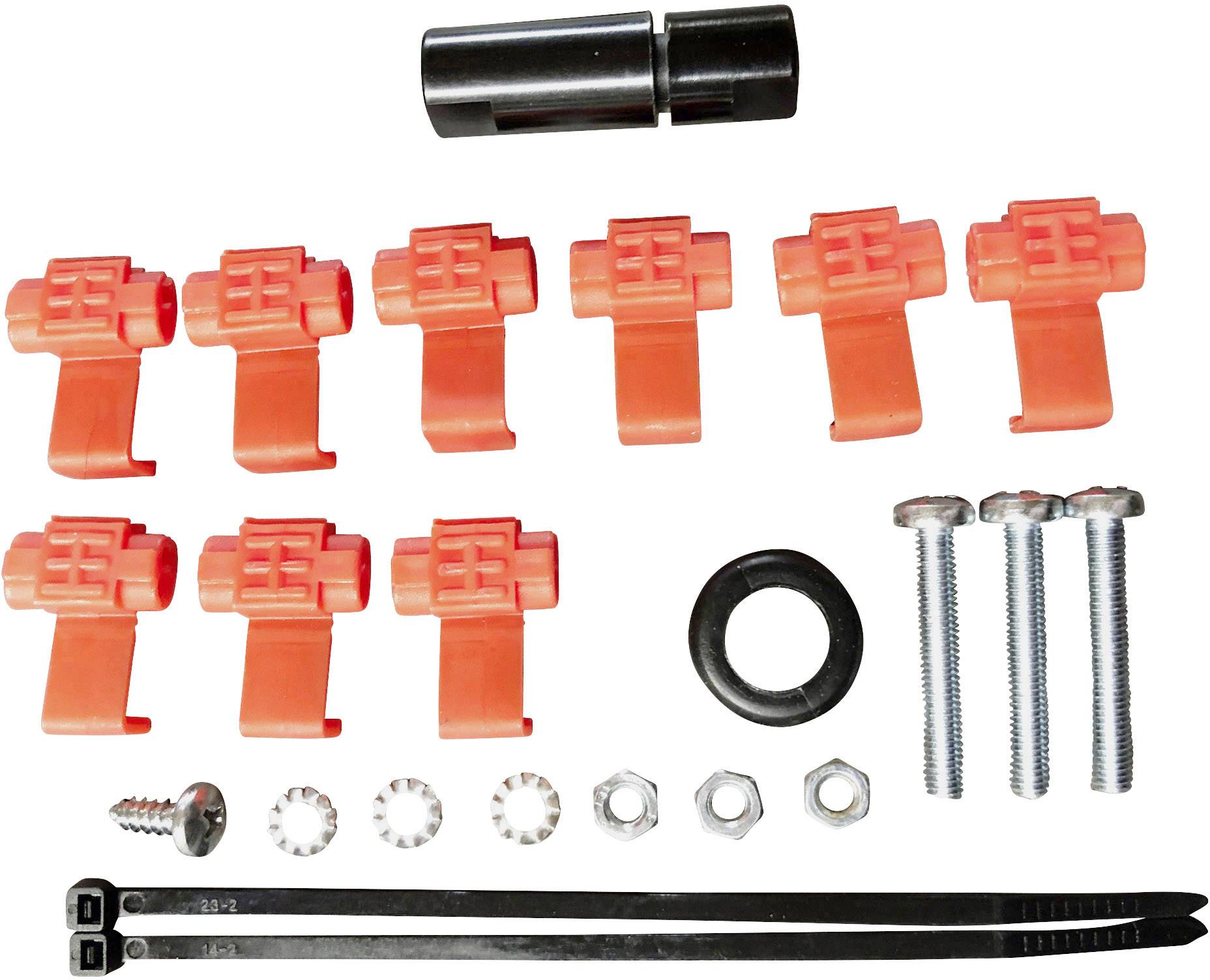 Satz aus roten Kabelklemmen, Schrauben, Muttern, Unterlegscheiben, Kabelbindern und einem schwarzen Isolierschlauch.