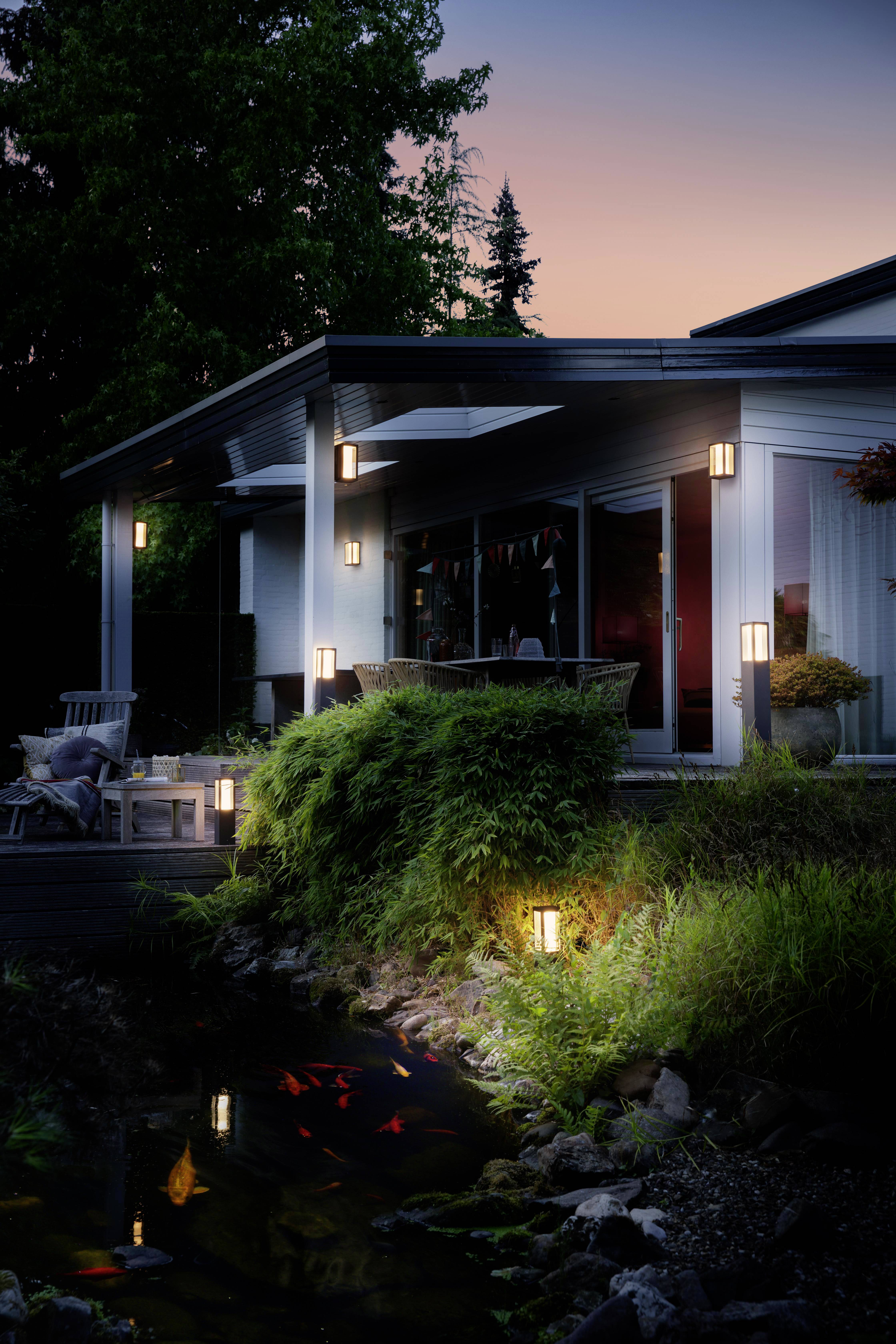 Ein modernes Haus bei Dämmerung: Beleuchtete Terrasse mit Pflanzen drumherum und ein kleiner Teich mit Fischen im Vordergrund.