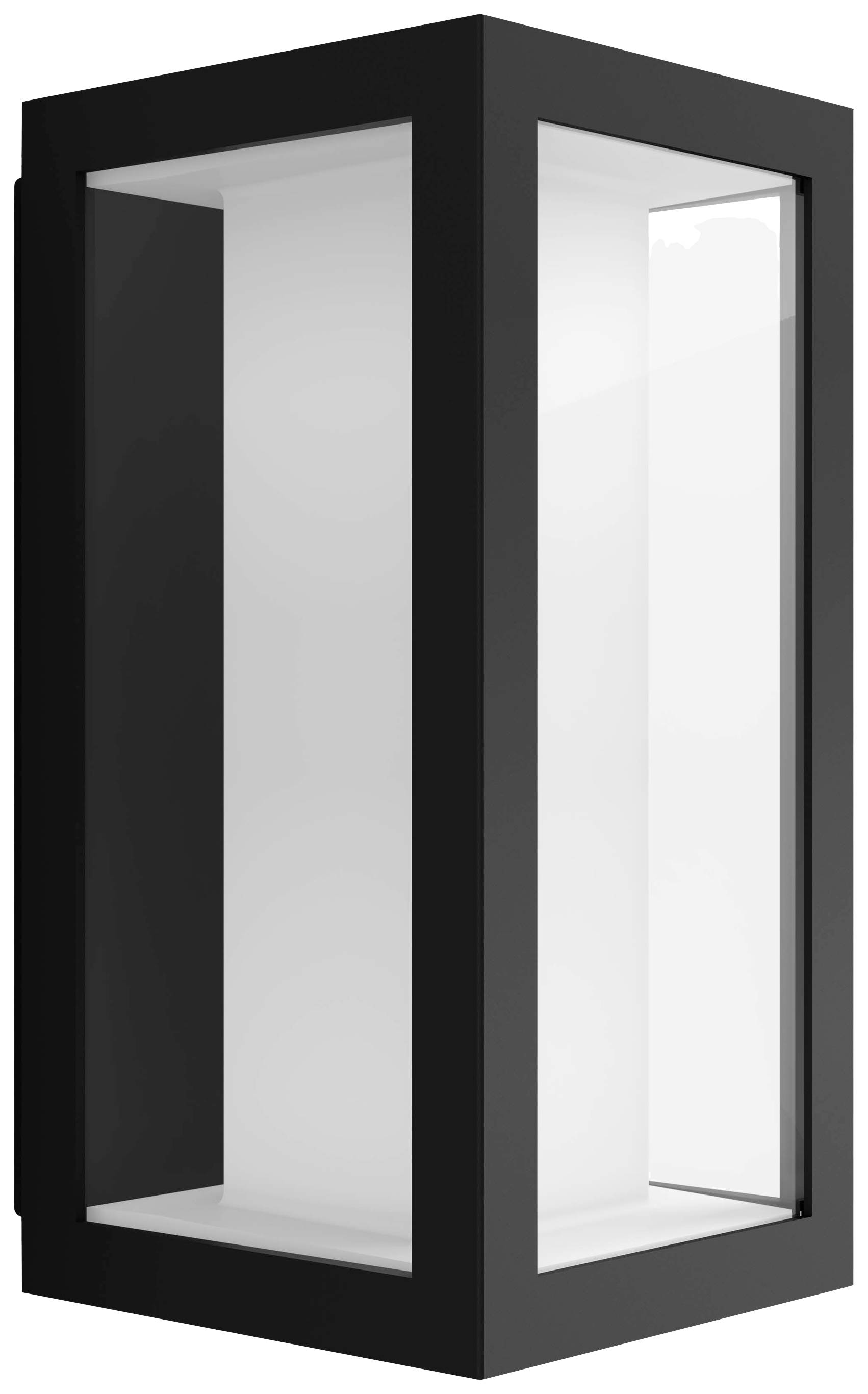 Ein rechteckiger, schwarzer Rahmen mit klaren Glasflächen, möglicherweise als dekoratives oder funktionales Gehäuse konzipiert.