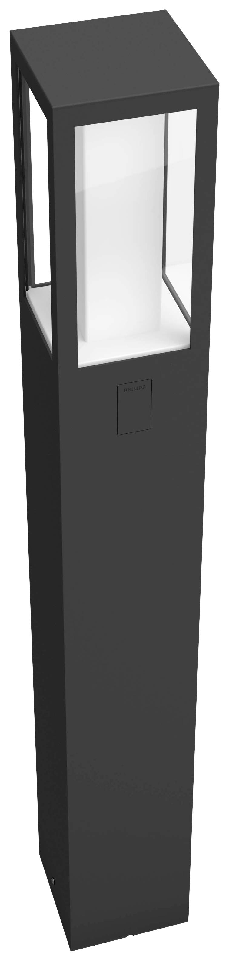 Eine schwarze, rechteckige Außenleuchte mit durchsichtigem oberen Bereich zur symmetrischen Lichtverteilung.