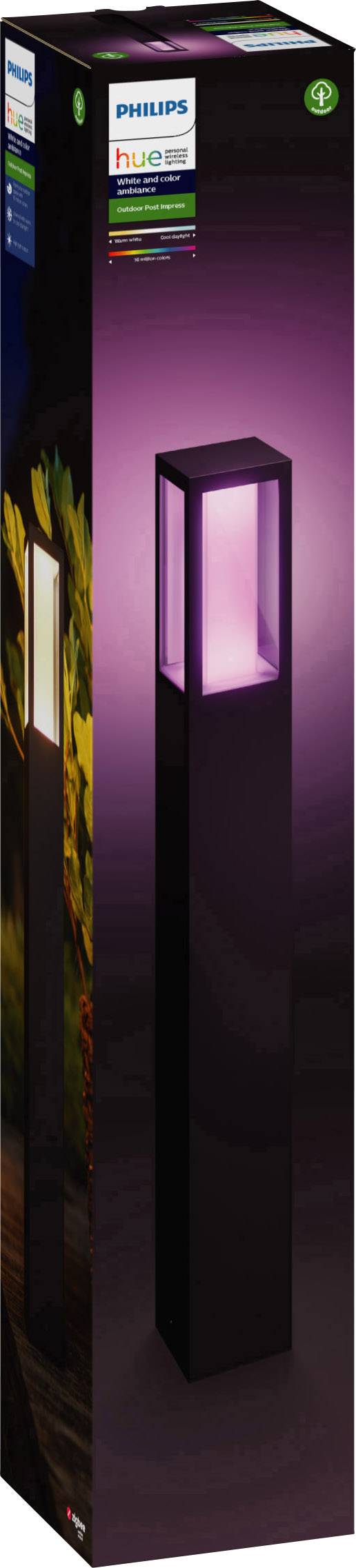 Eine Verpackung der 'Philips Hue White and Color Ambiance' Lampe mit Bild einer leuchtenden, schlanken, dunklen Stehlampe und mehrfarbigen Lichtoptionen.