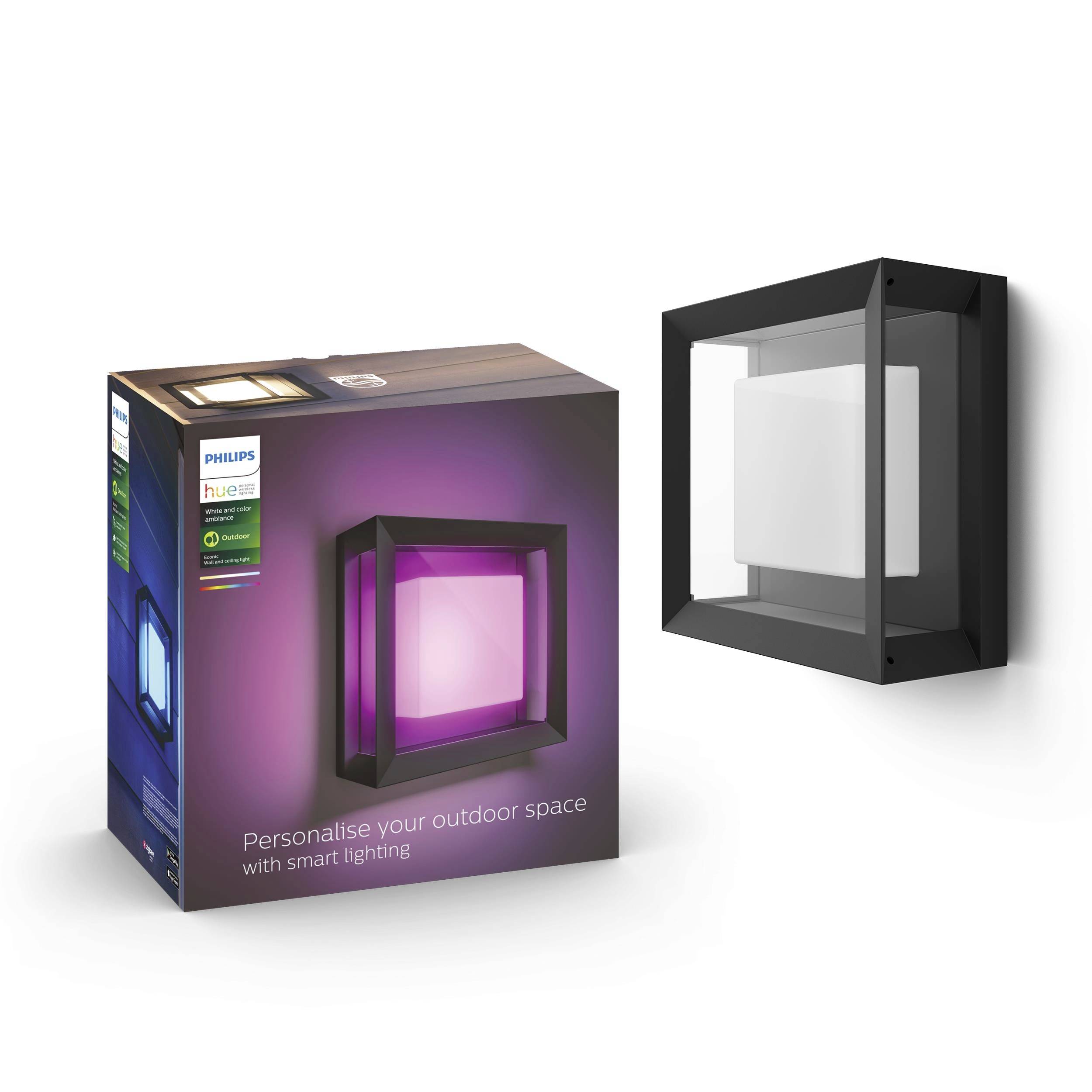 Eine schlichte, quadratische Außenleuchte mit schwarzem Rahmen und wechselnder LED-Farbe, dargestellt neben ihrer Verpackung.