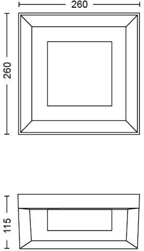 Technische Zeichnung eines quadratischen Rahmens mit Maßen: 260 x 260 in der Draufsicht, 115 in der Seitenansicht.