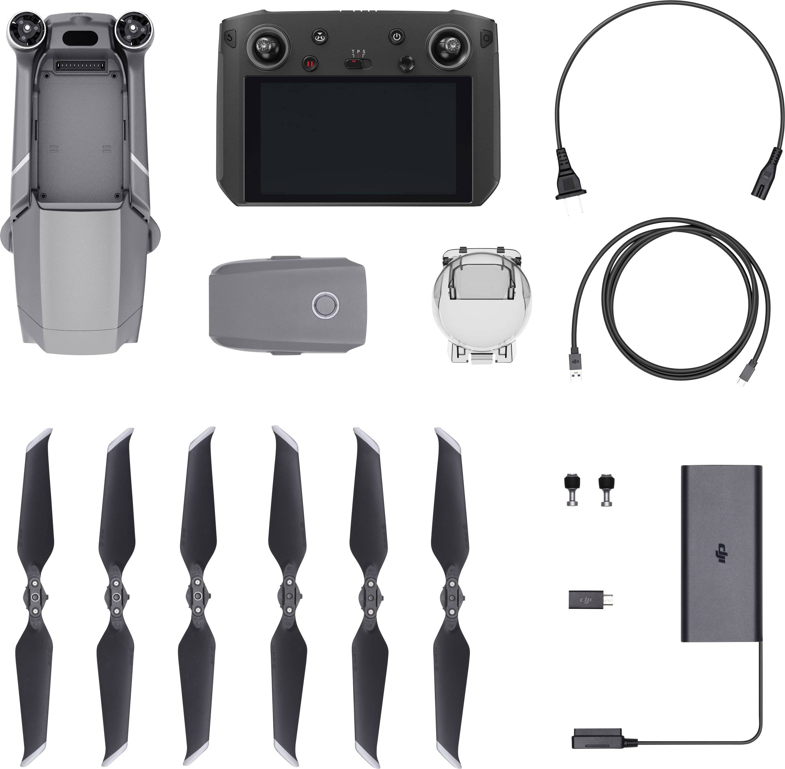 Drohnenzubehör-Set: Fernbedienung, Drohnenkörper, Akku, Ladegerät, Propeller, Kabel, Adapter und Ersatzteile.