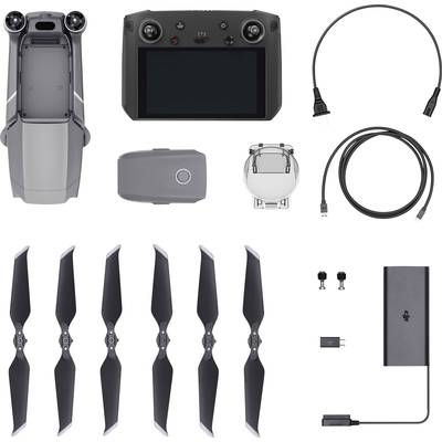 Drohnenzubehör-Set: Fernbedienung, Drohnenkörper, Akku, Ladegerät, Propeller, Kabel, Adapter und Ersatzteile.