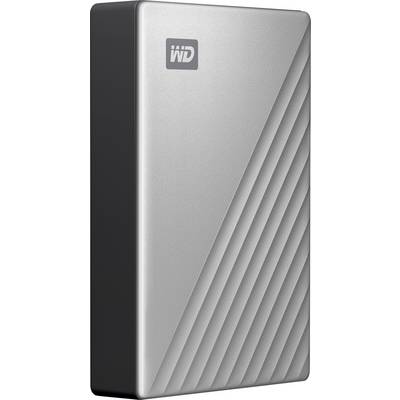Eine silberne externe Festplatte mit dem Logo 'WD' auf der Vorderseite und schrägen Linien als Designelement.