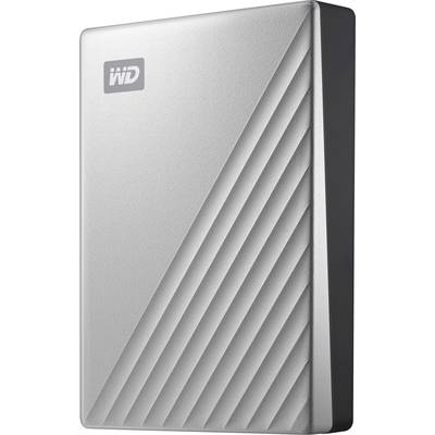 Silberne externe Festplatte mit diagonalem Rillenmuster und 'WD'-Logo oben links auf der Vorderseite.