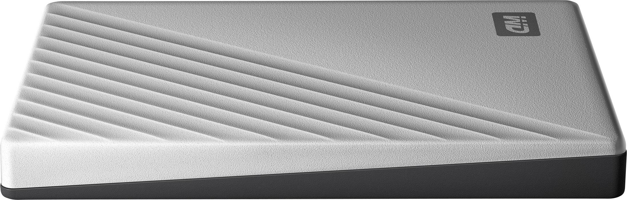 Eine externe Festplatte mit grauem Gehäuse und diagonalen Streifen auf der Oberseite, abgerundete Kanten.