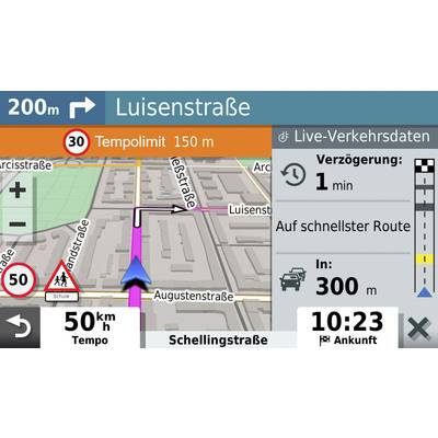 Navigationsbildschirm: Ziel Luisenstraße in 200m, Tempolimit 30. Verzögerung 1 Minute. Ankunft um 10:23, verbleibende Strecke 300m. Geschwindigkeit 50 km/h.